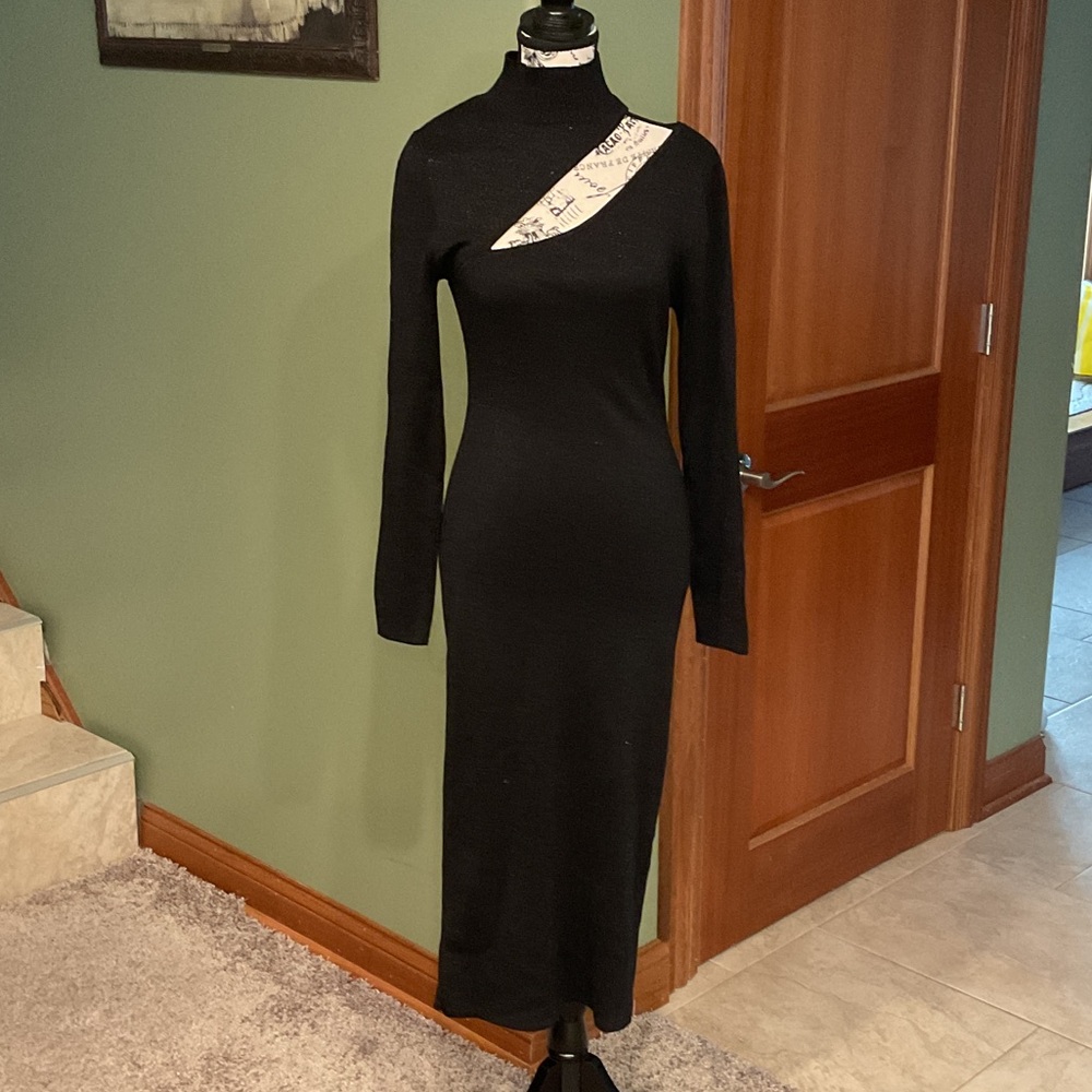 Chic Black Long Sleeve Dress with Unique Collar, NEW, Size M
